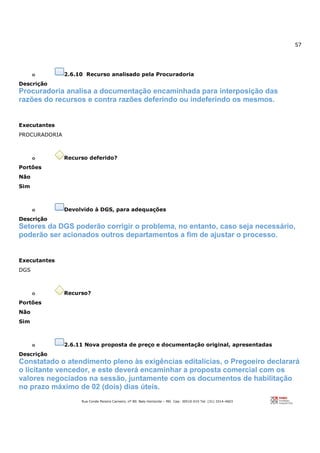 57
Rua Conde Pereira Carneiro, nº 80. Belo Horizonte – MG Cep: 30510-010 Tel: (31) 3314-4603
o 2.6.10 Recurso analisado pela Procuradoria
Descrição
Procuradoria analisa a documentação encaminhada para interposição das
razões do recursos e contra razões deferindo ou indeferindo os mesmos.
Executantes
PROCURADORIA
o Recurso deferido?
Portões
Não
Sim
o Devolvido à DGS, para adequações
Descrição
Setores da DGS poderão corrigir o problema, no entanto, caso seja necessário,
poderão ser acionados outros departamentos a fim de ajustar o processo.
Executantes
DGS
o Recurso?
Portões
Não
Sim
o 2.6.11 Nova proposta de preço e documentação original, apresentadas
Descrição
Constatado o atendimento pleno às exigências editalícias, o Pregoeiro declarará
o licitante vencedor, e este deverá encaminhar a proposta comercial com os
valores negociados na sessão, juntamente com os documentos de habilitação
no prazo máximo de 02 (dois) dias úteis.
 