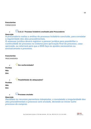 58
Rua Conde Pereira Carneiro, nº 80. Belo Horizonte – MG Cep: 30510-010 Tel: (31) 3314-4603
Executantes
FORNECEDOR
o 2.6.12 Processo licitatório analisado pela Procuradoria
Descrição
A procuradoria realiza a análise do processo licitatório concluído, para constatar
a regularidade dos atos procedimentais.
O assessor jurídico deverá registrar o parecer jurídico para possibilitar a
continuidade do processo no sistema para aprovação final do processo, caso
aprovado, ou retornará para que a DGS faça os ajustes necessários ou
exclua/cancele o processo.
Executantes
PROCURADORIA
o Em conformidade?
Portões
Não
Sim
o Possibilidade de adequações?
Portões
Não
Sim
o Processo anulado
Descrição
Decididos os recursos porventura interpostos, e constatada a irregularidade dos
atos procedimentais o processo será anulado, devendo-se iniciar outro
processo de compras.
 
