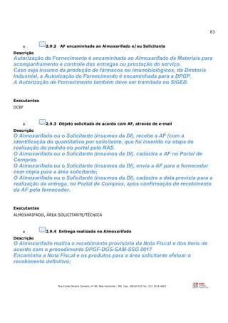 63
Rua Conde Pereira Carneiro, nº 80. Belo Horizonte – MG Cep: 30510-010 Tel: (31) 3314-4603
o 2.9.2 AF encaminhada ao Almoxarifado e/ou Solicitante
Descrição
Autorização de Fornecimento é encaminhada ao Almoxarifado de Materiais para
acompanhamento e controle das entregas ou prestação de serviço.
Caso seja insumo da produção de fármacos ou imunobiológicos, da Diretoria
Industrial, a Autorização de Fornecimento é encaminhada para a DPGP.
A Autorização de Fornecimento também deve ser tramitada no SIGED.
Executantes
DCEF
o 2.9.3 Objeto solicitado de acordo com AF, através de e-mail
Descrição
O Almoxarifado ou o Solicitante (insumos da DI), recebe a AF (com a
identificação do quantitativo por solicitante, que foi inserido na etapa de
realização do pedido no portal pelo NAS.
O Almoxarifado ou o Solicitante (insumos da DI), cadastra a AF no Portal de
Compras.
O Almoxarifado ou o Solicitante (insumos da DI), envia a AF para o fornecedor
com cópia para a área solicitante;
O Almoxarifado ou o Solicitante (insumos da DI), cadastra a data prevista para a
realização da entrega, no Portal de Compras, após confirmação de recebimento
da AF pelo fornecedor.
Executantes
ALMOXARIFADO, ÁREA SOLICITANTE/TÉCNICA
o 2.9.4 Entrega realizada no Almoxarifado
Descrição
O Almoxarifado realiza o recebimento provisório da Nota Fiscal e dos itens de
acordo com o procedimento DPGF-DGS-SAM-SSG 0017
Encaminha a Nota Fiscal e os produtos para a área solicitante efetuar o
recebimento definitivo;
 