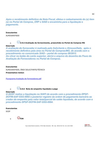 64
Rua Conde Pereira Carneiro, nº 80. Belo Horizonte – MG Cep: 30510-010 Tel: (31) 3314-4603
Após o recebimento definitivo da Nota Fiscal, efetua o cadastramento do (s) item
(s) no Portal de Compras, ERP e SIAD e encaminha para a liquidação e
pagamento.
Executantes
ALMOXARIFADO
o 2.9.5 Avaliação do fornecimento, preenchida no Portal de Compras MG
Descrição
A avaliação do fornecedor é realizada pelo Solicitante e Almoxarifado, após o
recebimento definitivo pela área no Portal de Compras/MG, de acordo com o
procedimento no comunicado SIAD – portal de compras 08/2012.
Ao clicar no botão do canto superior, abrirá o arquivo do desenho do Fluxo da
Avaliação de Fornecedores no Portal de Compras.
Executantes
ALMOXARIFADO, ÁREA SOLICITANTE/TÉCNICA
Presentation Action
Fluxograma Avaliação de Fornecedores.pdf
o 2.9.6 Nota de empenho liquidada e paga
Descrição
O DCEF realiza a liquidação no SIAFI de acordo com o procedimento DPGF-
DCFIN-SAF-SSG-0002 e posterior registro da ordem de pagamento bancária ao
credor do empenho pelo valor total/parcial do saldo liquidado, de acordo com o
procedimento DPGF-DCFIN-SAF-SSG-0004.
Executantes
DCEF
o FIM
 