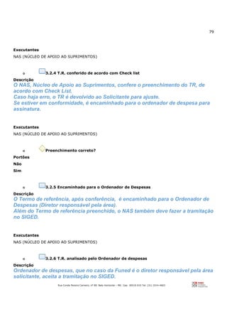 79
Rua Conde Pereira Carneiro, nº 80. Belo Horizonte – MG Cep: 30510-010 Tel: (31) 3314-4603
Executantes
NAS (NÚCLEO DE APOIO AO SUPRIMENTOS)
o 3.2.4 T.R. conferido de acordo com Check list
Descrição
O NAS, Núcleo de Apoio ao Suprimentos, confere o preenchimento do TR, de
acordo com Check List.
Caso haja erro, o TR é devolvido ao Solicitante para ajuste.
Se estiver em conformidade, é encaminhado para o ordenador de despesa para
assinatura.
Executantes
NAS (NÚCLEO DE APOIO AO SUPRIMENTOS)
o Preenchimento correto?
Portões
Não
Sim
o 3.2.5 Encaminhado para o Ordenador de Despesas
Descrição
O Termo de referência, após conferência, é encaminhado para o Ordenador de
Despesas (Diretor responsável pela área).
Além do Termo de referência preenchido, o NAS também deve fazer a tramitação
no SIGED.
Executantes
NAS (NÚCLEO DE APOIO AO SUPRIMENTOS)
o 3.2.6 T.R. analisado pelo Ordenador de despesas
Descrição
Ordenador de despesas, que no caso da Funed é o diretor responsável pela área
solicitante, aceita a tramitação no SIGED.
 
