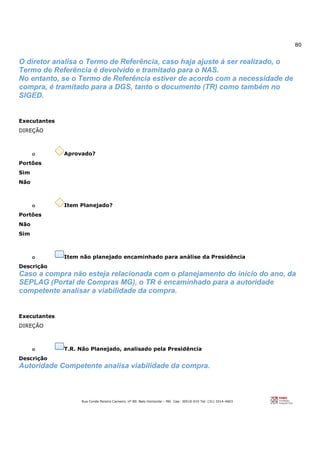 80
Rua Conde Pereira Carneiro, nº 80. Belo Horizonte – MG Cep: 30510-010 Tel: (31) 3314-4603
O diretor analisa o Termo de Referência, caso haja ajuste à ser realizado, o
Termo de Referência é devolvido e tramitado para o NAS.
No entanto, se o Termo de Referência estiver de acordo com a necessidade de
compra, é tramitado para a DGS, tanto o documento (TR) como também no
SIGED.
Executantes
DIREÇÃO
o Aprovado?
Portões
Sim
Não
o Item Planejado?
Portões
Não
Sim
o Item não planejado encaminhado para análise da Presidência
Descrição
Caso a compra não esteja relacionada com o planejamento do início do ano, da
SEPLAG (Portal de Compras MG), o TR é encaminhado para a autoridade
competente analisar a viabilidade da compra.
Executantes
DIREÇÃO
o T.R. Não Planejado, analisado pela Presidência
Descrição
Autoridade Competente analisa viabilidade da compra.
 