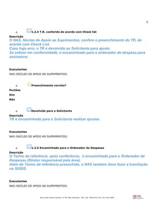 5
Rua Conde Pereira Carneiro, nº 80. Belo Horizonte – MG Cep: 30510-010 Tel: (31) 3314-4603
o 1.2.4 T.R. conferido de acordo com Check list
Descrição
O NAS, Núcleo de Apoio ao Suprimentos, confere o preenchimento do TR, de
acordo com Check List.
Caso haja erro, o TR é devolvido ao Solicitante para ajuste.
Se estiver em conformidade, é encaminhado para o ordenador de despesa para
assinatura.
Executantes
NAS (NÚCLEO DE APOIO AO SUPRIMENTOS)
o Preenchimento correto?
Portões
Sim
Não
o Devolvido para o Solicitante
Descrição
TR é encaminhado para o Solicitante realizar ajustes.
Executantes
NAS (NÚCLEO DE APOIO AO SUPRIMENTOS)
o 1.2.5 Encaminhado para o Ordenador de Despesas
Descrição
O Termo de referência, após conferência, é encaminhado para o Ordenador de
Despesas (Diretor responsável pela área).
Além do Termo de referência preenchido, o NAS também deve fazer a tramitação
no SIGED.
Executantes
NAS (NÚCLEO DE APOIO AO SUPRIMENTOS)
 