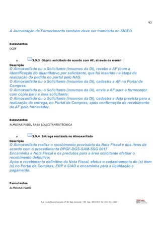93
Rua Conde Pereira Carneiro, nº 80. Belo Horizonte – MG Cep: 30510-010 Tel: (31) 3314-4603
A Autorização de Fornecimento também deve ser tramitada no SIGED.
Executantes
DCEF
o 3.9.3 Objeto solicitado de acordo com AF, através de e-mail
Descrição
O Almoxarifado ou o Solicitante (insumos da DI), recebe a AF (com a
identificação do quantitativo por solicitante, que foi inserido na etapa de
realização do pedido no portal pelo NAS.
O Almoxarifado ou o Solicitante (insumos da DI), cadastra a AF no Portal de
Compras.
O Almoxarifado ou o Solicitante (insumos da DI), envia a AF para o fornecedor
com cópia para a área solicitante;
O Almoxarifado ou o Solicitante (insumos da DI), cadastra a data prevista para a
realização da entrega, no Portal de Compras, após confirmação de recebimento
da AF pelo fornecedor.
Executantes
ALMOXARIFADO, ÁREA SOLICITANTE/TÉCNICA
o 3.9.4 Entrega realizada no Almoxarifado
Descrição
O Almoxarifado realiza o recebimento provisório da Nota Fiscal e dos itens de
acordo com o procedimento DPGF-DGS-SAM-SSG 0017
Encaminha a Nota Fiscal e os produtos para a área solicitante efetuar o
recebimento definitivo;
Após o recebimento definitivo da Nota Fiscal, efetua o cadastramento do (s) item
(s) no Portal de Compras, ERP e SIAD e encaminha para a liquidação e
pagamento.
Executantes
ALMOXARIFADO
 
