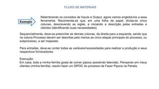FLUXO DE MATERIAIS
Exemplo
Relembrando os conceitos de Inputs e Output, agora vamos englobá-los a essa
ferramenta. Recomenda-se que, em uma folha de papel, divida-se cinco
colunas, descrevendo as siglas, e iniciando a descrição pelas entradas e
clientes (identificando suas necessidades).
Sequencialmente, deve-se preencher as demais colunas, da direita para a esquerda, sendo que
na coluna Processo devem ser descritas pelo menos as cinco etapas principais do processo, ou
subprocesso, a ser mapeado.
Para entradas, deve-se conter todas as variáveis/necessidades para realizar a produção e seus
respectivos fornecedores.
Execução:
Em casa, toda a minha família gosta de comer pipoca assistindo televisão. Pensando em meus
clientes (minha família), resolvi fazer um SIPOC do processo de Fazer Pipoca na Panela.
 