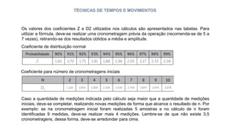 TÉCNICAS DE TEMPOS E MOVIMENTOS
Os valores dos coeficientes Z e D2 utilizados nos cálculos são apresentados nas tabelas. Para
utilizar a fórmula, deve-se realizar uma cronometragem prévia da operação (recomenda-se de 5 a
7 vezes), retirando-se dos resultados obtidos a média e amplitude.
Coeficiente de distribuição normal
Coeficiente para número de cronometragens iniciais
Caso a quantidade de medições indicada pelo cálculo seja maior que a quantidade de medições
iniciais, deve-se completar, realizando novas medições de forma que alcance o resultado de n. Por
exemplo: se na cronometragem inicial foram realizadas 5 amostras e no cálculo de n foram
identificadas 9 medidas, deve-se realizar mais 4 medições. Lembre-se de que não existe 3,5
cronometragens, dessa forma, deve-se arredondar para cima.
 