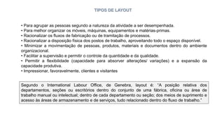 TIPOS DE LAYOUT
• Para agrupar as pessoas segundo a natureza da atividade a ser desempenhada.
• Para melhor organizar os móveis, máquinas, equipamentos e matérias-primas.
• Racionalizar os fluxos de fabricação ou de tramitação de processos.
• Racionalizar a disposição física dos postos de trabalho, aproveitando todo o espaço disponível.
• Minimizar a movimentação de pessoas, produtos, materiais e documentos dentro do ambiente
organizacional.
• Facilitar a supervisão e permitir o controle da quantidade e da qualidade.
• Permitir a flexibilidade (capacidade para absorver alterações/ variações) e a expansão da
capacidade produtiva.
• Impressionar, favoravelmente, clientes e visitantes
Segundo o International Labour Office, de Genebra, layout é: “A posição relativa dos
departamentos, seções ou escritórios dentro do conjunto de uma fábrica, oficina ou área de
trabalho manual ou intelectual; dentro de cada departamento ou seção; dos meios de suprimento e
acesso às áreas de armazenamento e de serviços, tudo relacionado dentro do fluxo de trabalho.”
 