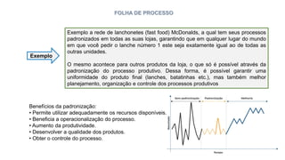 FOLHA DE PROCESSO
Exemplo a rede de lanchonetes (fast food) McDonalds, a qual tem seus processos
padronizados em todas as suas lojas, garantindo que em qualquer lugar do mundo
em que você pedir o lanche número 1 este seja exatamente igual ao de todas as
outras unidades.
O mesmo acontece para outros produtos da loja, o que só é possível através da
padronização do processo produtivo. Dessa forma, é possível garantir uma
uniformidade do produto final (lanches, batatinhas etc.), mas também melhor
planejamento, organização e controle dos processos produtivos
Exemplo
Benefícios da padronização:
• Permite utilizar adequadamente os recursos disponíveis.
• Beneficia a operacionalização do processo.
• Aumento da produtividade.
• Desenvolver a qualidade dos produtos.
• Obter o controle do processo.
 