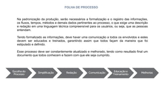 FOLHA DE PROCESSO
Na padronização da produção, serão necessários a formalização e o registro das informações,
os fluxos, tempos, métodos e demais dados pertinentes ao processo, o que exige uma descrição
e redação em uma linguagem técnica compreensível para os usuários, ou seja, que as pessoas
entendam.
Tendo formalizado as informações, deve haver uma comunicação a todos os envolvidos e estes
devem ser educados e treinados, garantindo assim que todos façam da maneira que foi
estipulado e definido.
Esse processo deve ser constantemente atualizado e melhorado, tendo como resultado final um
documento que todos conhecem e fazem com que ele seja cumprido.
 