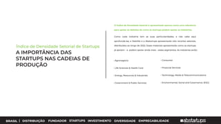 BRASIL | DISTRIBUIÇÃO FUNDADOR STARTUPS INVESTIMENTO DIVERSIDADE EMPREGABILIDADE
Índice de Densidade Setorial de Startups
A IMPORTÂNCIA DAS
STARTUPS NAS CADEIAS DE
PRODUÇÃO
O Índice de Densidade Setorial é apresentado apenas como uma referência
para apoiar os debates de como as startups podem apoiar as indústrias.
Como cada indústria tem as suas particularidades, e não cabe aqui
aprofundá-las, a Deloitte e a Abstartups apresentarão oito recortes setoriais,
distribuídos ao longo de 2022. Esses materiais apresentarão como as startups
já apoiam – e podem apoiar ainda mais – esses segmentos. As indústrias serão:
• Agronegócio
• Life Sciences & Health Care
• Energy, Resources & Industrials
• Government & Public Services
• Consumer
• Financial Services
• Technology, Media & Telecommunications
• Environmental, Social and Governance: (ESG)
 