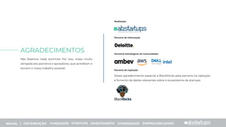 Não fazemos nada sozinhos! Por isso, nosso muito
obrigada aos parceiros e apoiadores, que acreditam e
tornam o nosso trabalho possível.
AGRADECIMENTOS
Realização
Parceria de Informação
Parceiros Estratégicos de Comunidades
Parceria de Captação
Nosso agradecimento especial a BlackRocks pela parceria na captação
e fomento de dados relevantes sobre o ecossistema de startups.
BRASIL | DISTRIBUIÇÃO FUNDADOR STARTUPS INVESTIMENTO DIVERSIDADE EMPREGABILIDADE
 