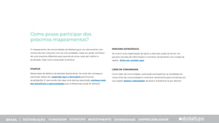 Como posso participar dos
próximos mapeamentos?
O mapeamento de comunidades da Abstartups é um documento vivo
construído em conjunto com as comunidades. Cada um pode contribuir
de uma maneira diferente para que ele se torne cada vez melhor e
atualizado. Veja como você pode contribuir:
STARTUP
Nossa base de dados é atualizada diariamente. Se você não conseguiu
participar desta vez, responda aqui o formulário para futuras
atualizações. E caso ainda não seja uma startup associada, conheça mais
dos benefícios e oportunidades que a Abstartups pode te oferecer.
PARCEIRO ESTRATÉGICO
Se você é uma organização de apoio a startups, pode se tornar um
parceiro da área de Informação e contribuir ativamente com a base de
dados . Entre em contato aqui.
LÍDER DE COMUNIDADE
Como líder de comunidade, você pode acompanhar as novidades do
nosso time de comunidades e contribuir ativamente para iniciativas em
sua região! Assine a Newsletter da área e mantenha-se por dentro!
BRASIL | DISTRIBUIÇÃO FUNDADOR STARTUPS INVESTIMENTO DIVERSIDADE EMPREGABILIDADE
 