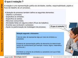 Mapeamento e Modelagem de Processos de Negócios com BPMN   O que é notação ?
                                                           A notação é uma representação gráfica de atividades, tarefas, responsabilidade, papéis e
                                                           fluxo de trabalho de um processo.

                                                            A Notação do processo também define os seguintes elementos:
                                                            - Objetivo o processo;
                                                            - Especifica as entradas;
                                                            - Especifica as saídas;
                                                            - Recursos consumidos;
                                                            - Atividades feitas em alguma ordem (Fluxo de trabalho);
                                                            - Eventos que conduzem o processo;
                                                            - Ajuda na padronização da modelagem de processo.        O que é notação ?



                                                                             Notação segundo o dicionário:

                                                                             1 ato de notar, de representar algo por meio de símbolos ou
                                                                             caracteres


                                                                             2 sistema de representação gráfica de elementos de determinado
                                                                             campo de conhecimento (por exemplo: música, lógica, matemática,
                                                                             química etc.)


                                                                             3 símbolo ou conjunto de símbolos ou caracteres com que é feita
                                                                             essa representação

                                                           Versão 15 | RFS                           rildosan@uol.com.br          Todos os direitos reservados e protegidos © 2006 e 2009   27
 