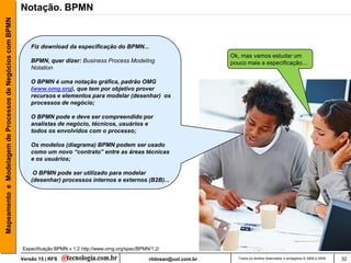 Mapeamento e Modelagem de Processos de Negócios com BPMN   Notação. BPMN


                                                               Fiz download da especificação do BPMN...
                                                                                                                                      Ok, mas vamos estudar um
                                                               BPMN, quer dizer: Business Process Modeling                            pouco mais a especificação...
                                                               Notation

                                                               O BPMN é uma notação gráfica, padrão OMG
                                                               (www.omg.org), que tem por objetivo prover
                                                               recursos e elementos para modelar (desenhar) os
                                                               processos de negócio;

                                                               O BPMN pode e deve ser compreendido por
                                                               analistas de negócio, técnicos, usuários e
                                                               todos os envolvidos com o processo;

                                                               Os modelos (diagrama) BPMN podem ser usado
                                                               como um novo “contrato” entre as áreas técnicas
                                                               e os usuários;

                                                                O BPMN pode ser utilizado para modelar
                                                               (desenhar) processos internos e externos (B2B)...




                                                           Especificação BPMN v 1.2 http://www.omg.org/spec/BPMN/1.2/

                                                           Versão 15 | RFS                                      rildosan@uol.com.br      Todos os direitos reservados e protegidos © 2006 e 2009   32
 