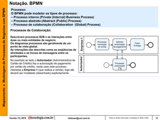 Mapeamento e Modelagem de Processos de Negócios com BPMN   Notação. BPMN
                                                            Processo:
                                                            O BPMN pode modelar os tipos de processo:
                                                            – Processo interno (Private (Internal) Business Process)
                                                            – Processo abstrato (Abstract (Public) Process)
                                                            – Processo de colaboração (Collaboration (Global) Process)
                                                           Processos de Colaboração:

                                                           Descrevem processos B2B e as interações entre




                                                                                                                     Empresa 1
                                                           duas ou mais entidades de negócio.
                                                                                                                                 Processar            Solicitar
                                                           Os diagramas processos são geralmente de um                           transação          autorização
                                                                                                                                                                                Fazer
                                                                                                                                                                               Entrega
                                                           ponto de vista global.                                                 de venda         de pagamento
                                                           As interações são descritas como as seqüências de
                                                           atividades e as trocas de mensagens entre os
                                                           participantes.




                                                                                                                   Autorizador
                                                           No exemplo ao lado o Autorizador (Administradora de
                                                           Cartão de Crédito) faz a autorização de pagamento                                         Processar
                                                                                                                                                    autorização
                                                           por cartão de crédito, neste caso este processo
                                                           interessa a Empresa 1 (que realiza a venda), logo ele                                           +
                                                           deverá ser modelado (desenhado) explicitamente.




                                                           Versão 15 | RFS                               rildosan@uol.com.br                 Todos os direitos reservados e protegidos © 2006 e 2009   38
 