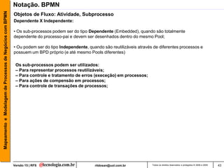 Mapeamento e Modelagem de Processos de Negócios com BPMN   Notação. BPMN
                                                           Objetos de Fluxo: Atividade, Subprocesso
                                                           Dependente X Independente:

                                                           • Os sub-processos podem ser do tipo Dependente (Embedded), quando são totalmente
                                                           dependente do processo-pai e devem ser desenhados dentro do mesmo Pool;

                                                           • Ou podem ser do tipo Independente, quando são reutilizáveis através de diferentes processos e
                                                           possuem um BPD próprio (e até mesmo Pools diferentes)

                                                            Os sub-processos podem ser utilizados:
                                                            – Para representar processos reutilizáveis;
                                                            – Para controle e tratamento de erros (execeção) em processos;
                                                            – Para ações de compensão em processos;
                                                            – Para controle de transações de processos;




                                                           Versão 15 | RFS                         rildosan@uol.com.br          Todos os direitos reservados e protegidos © 2006 e 2009   43
 