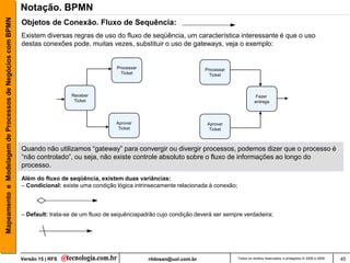 Mapeamento e Modelagem de Processos de Negócios com BPMN   Notação. BPMN
                                                           Objetos de Conexão. Fluxo de Sequência:
                                                           Existem diversas regras de uso do fluxo de seqüência, um característica interessante é que o uso
                                                           destas conexões pode, muitas vezes, substituir o uso de gateways, veja o exemplo:


                                                                                              Processar                         Processar
                                                                                                Ticket                            Ticket



                                                                             Receber                                                                     Fazer
                                                                              Ticket                                                                    entrega



                                                                                              Aprovar                            Aprovar
                                                                                               Ticket                             Ticket



                                                           Quando não utilizamos “gateway” para convergir ou divergir processos, podemos dizer que o processo é
                                                           “não controlado”, ou seja, não existe controle absoluto sobre o fluxo de informações ao longo do
                                                           processo.
                                                           Além do fluxo de seqüência, existem duas variâncias:
                                                           – Condicional: existe uma condição lógica intrinsecamente relacionada à conexão;



                                                           – Default: trata-se de um fluxo de sequênciapadrão cujo condição deverá ser sempre verdadeira;




                                                           Versão 15 | RFS                                rildosan@uol.com.br                 Todos os direitos reservados e protegidos © 2006 e 2009   45
 