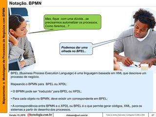 Mapeamento e Modelagem de Processos de Negócios com BPMN   Notação. BPMN


                                                                                   Mas, fique com uma dúvida...se
                                                                                   precisarmos automatizar os processos,
                                                                                   Como faremos...?




                                                                                               Podemos dar uma
                                                                                               olhada no BPEL..




                                                            BPEL (Business Process Execution Language) é uma linguagem baseada em XML que descreve um
                                                            processo de negócio.

                                                            Mapeando o BPMN para BPEL ou XPDL:

                                                            • O BPMN pode ser “traduzido” para BPEL ou XPDL;

                                                            • Para cada objeto no BPMN, deve existir um correspondente em BPEL;

                                                            • A correspondência entre BPMN e o XPDL ou BPEL é o que permite gerar códigos, XML, para os
                                                            sistemas a partir do desenho dos processos.
                                                           Versão 15 | RFS                        rildosan@uol.com.br         Todos os direitos reservados e protegidos © 2006 e 2009   67
 