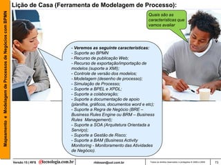 Mapeamento e Modelagem de Processos de Negócios com BPMN   Lição de Casa (Ferramenta de Modelagem de Processo):
                                                                                                                     Quais são as
                                                                                                                     características que
                                                                                                                     vamos avaliar




                                                                             - Veremos as seguinte características:
                                                                             - Suporte ao BPMN
                                                                             - Recurso de publicação Web;
                                                                             - Recurso de exportação/importação de
                                                                             modelos (suporte a XMI);
                                                                             - Controle de versão dos modelos;
                                                                             - Modelagem (desenho de processo);
                                                                             - Simulação de Processo;
                                                                             - Suporte a BPEL e XPDL;
                                                                             - Suporte a colaboração;
                                                                             - Suporte a documentação de apoio
                                                                             (planilha, gráficos, documentos word e etc);
                                                                             - Suporte a Regra de Negócio (BRE –
                                                                             Business Rules Engine ou BRM – Business
                                                                             Rules Management);
                                                                             - Suporte a SOA (Arquitetura Orientada a
                                                                             Serviço);
                                                                             - Suporte a Gestão de Risco;
                                                                             - Suporte a BAM (Business Activity
                                                                             Monitoring - Monitoramento das Atividades
                                                                             de Negócio).

                                                           Versão 15 | RFS              rildosan@uol.com.br           Todos os direitos reservados e protegidos © 2006 e 2009   73
 