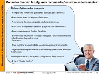 Mapeamento e Modelagem de Processos de Negócios com BPMN   Consultor também fez algumas recomendações sobre as ferramentas:

                                                                  Melhores Práticas sobre ferramenta:

                                                                  - Compre uma ferramenta que atenda os objetivos da empresa;

                                                                  - Faça testes antes de adquirir a ferramenta;

                                                                  - A ferramenta deve ser adequada a cultura da empresa;

                                                                  - Faça visita a empresas e pessoas que já utilizam a ferramenta;

                                                                  - Faça uma relação de Custo x Benefício;

                                                                  - Ferramentas influenciam técnicas e notações. Portando escolha uma
                                                                  notação antes de escolher uma
                                                                    ferramenta;

                                                                  - Para melhorar a produtividade considere adotar uma ferramenta;

                                                                  -Faça treinamento para dominar a ferramenta (para extrair o melhor da
                                                                  ferramenta);

                                                                  - Verifique qual o suporte e período de garantia da ferramenta;

                                                                  - Evite o “Vendor Lock In”.




                                                           Versão 15 | RFS                            rildosan@uol.com.br            Todos os direitos reservados e protegidos © 2006 e 2009   74
 
