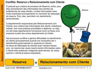 Mapeamento e Modelagem de Processos de Negócios com BPMN   Conflito: Reserva x Relacionamento com Cliente
                                                            O pessoal que cuidava do processo de Reserva, sofria, pois,
                                                            eles necessitavam das informações dos clientes (as
                                                                                                                                                                          Reserva
                                                            preferências de cada cliente), e estas informações eram
                                                            muito importante principalmente no momento da realização
                                                            da reserva. Pois, elas permitiam um atendimento
                                                            personalizado.

                                                            O departamento responsável pelo Relacionamento com
                                                            Cliente, que cuidava das informações dos cliente, trabalhava
                                                                                                                                                       Relacionamento
                                                            isolado, com suas próprias prioridades e objetivos, ou seja,                                 com cliente
                                                            um silo (este departamento funcionava como se fosse uma
                                                            empresa à parte dos outros departamento do Hotel).

                                                            Isto provocava conflitos e gerava dificuldade no atendimento
                                                            ao cliente (principalmente quando era necessário dar o
                                                            atendimento personalizado ou especial ao cliente).
                                                            As taxas de fidelização de clientes eram sempre baixas,
                                                            pois, na maioria das vezes mesmo tendo informações sobre
                                                            o cliente elas acabavam chegando tarde demais, às vezes,
                                                            quando o cliente já estava hospedado...



                                                                     Reserva               x Relacionamento com Cliente
                                                           Versão 15 | RFS                     rildosan@uol.com.br         Todos os direitos reservados e protegidos © 2006 e 2009   8
 