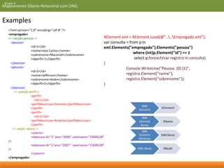 Grupo 4 
Mapeamento Objeto-Relacional com LINQ 
Examples 
<?xml version="1.0" encoding="utf-8" ?> 
<empregado> 
<!--secção pessoa--> 
<pessoa> 
<id>1</id> 
<nome>Jose Carlos</nome> 
<sobrenome>Macoratti</sobrenome> 
<idperfil>1</idperfil> 
</pessoa> 
<pessoa> 
<id>2</id> 
<nome>Jefferson</nome> 
<sobrenome>Andre</sobrenome> 
<idperfil>2</idperfil> 
</pessoa> 
<!--pseção perfil-> 
<perfil> 
<id>1</id> 
<perfildescricao>Gerente</perfildescricao> 
</perfil> 
<perfil> 
<id>2</id> 
<perfildescricao>Analista</perfildescricao> 
</perfil> 
<!--seção salario-> 
<salario> 
<idpessoa id="1" ano="2006" salarioano="10000,00" 
/> 
<idpessoa id="1"ano="2007" salarioano="15000,00" 
/> 
</salario> 
</empregado> 
XElement xml = XElement.Load(@"....Empregado.xml"); 
var consulta = from p in 
xml.Elements("empregado").Elements("pessoa") 
where (int)p.Element("id") == 1 
select p;foreach(var registro in consulta) 
{ 
Console.WriteLine("Pessoa: {0} {1}", 
registro.Element("nome"), 
registro.Element("sobrenome")); 
} 
 