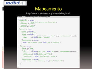 Mapeamento
http://www.outlet-orm.org/manual/ch04.html
 