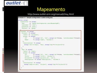 Mapeamento
http://www.outlet-orm.org/manual/ch04.html
 