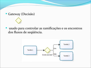  Gateway (Decisão)
 usado para controlar as ramificações e os encontros
dos fluxos de seqüência.
 