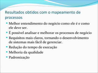 Resultados obtidos com o mapeamento de
processos
 Melhor entendimento do negócio como ele é e como
ele deve ser.
 É possível analisar e melhorar os processos de negócio
 Requisitos mais claros, tornando o desenvolvimento
de sistemas mais fácil de gerenciar.
 Redução do tempo de execução
 Melhoria da qualidade
 Padronização
 