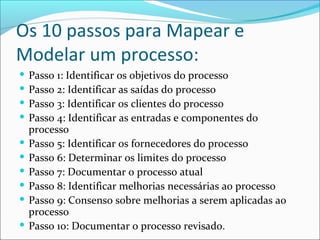 Os 10 passos para Mapear e
Modelar um processo:
 Passo 1: Identificar os objetivos do processo
 Passo 2: Identificar as saídas do processo
 Passo 3: Identificar os clientes do processo
 Passo 4: Identificar as entradas e componentes do
processo
 Passo 5: Identificar os fornecedores do processo
 Passo 6: Determinar os limites do processo
 Passo 7: Documentar o processo atual
 Passo 8: Identificar melhorias necessárias ao processo
 Passo 9: Consenso sobre melhorias a serem aplicadas ao
processo
 Passo 10: Documentar o processo revisado.
 