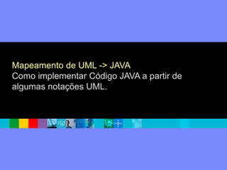 Mapeamento de UML -> JAVA
Como implementar Código JAVA a partir de
algumas notações UML.
 