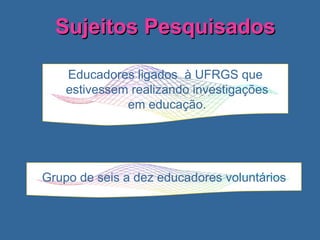 Sujeitos Pesquisados Grupo de seis a dez educadores voluntários Educadores ligados  à UFRGS que estivessem realizando investigações em educação. 