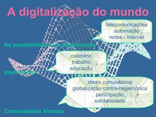 As possibilidades da digitalização A digitalização do mundo Implicações Comunidades Virtuais telecomunicações automação redes - internet cotidiano trabalho educação ideais comunitários globalização contra-hegemônica participação solidariedade 