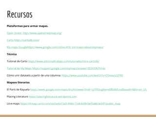 Recursos
Plataformas para armar mapas.
Open Street http://www.openstreetmap.org/
Carto https://cartodb.com/
My maps Googlehttps://www.google.com/intl/es-419_mx/maps/about/mymaps/
Técnica
Tutorial de Carto https://www.adictosaltrabajo.com/tutoriales/intro-cartodb/
Tutorial de My Maps https://support.google.com/mymaps/answer/3024396?hl=es
Cómo unir datasets a partir de una columna: https://www.youtube.com/watch?v=COmavs22PR0
Mapeos literarios
El París de Rayuela https://www.google.com/maps/d/u/0/viewer?mid=1pTFlQugRwm6fBdWFzod8xoa4tr4&hl=en_US
Placing Literature https://placingliterature.wordpress.com
Lit-e-maps https://litmap.carto.com/viz/ba4a13a0-908d-11e6-b0f8-0e05a8b3e3d7/public_map
 