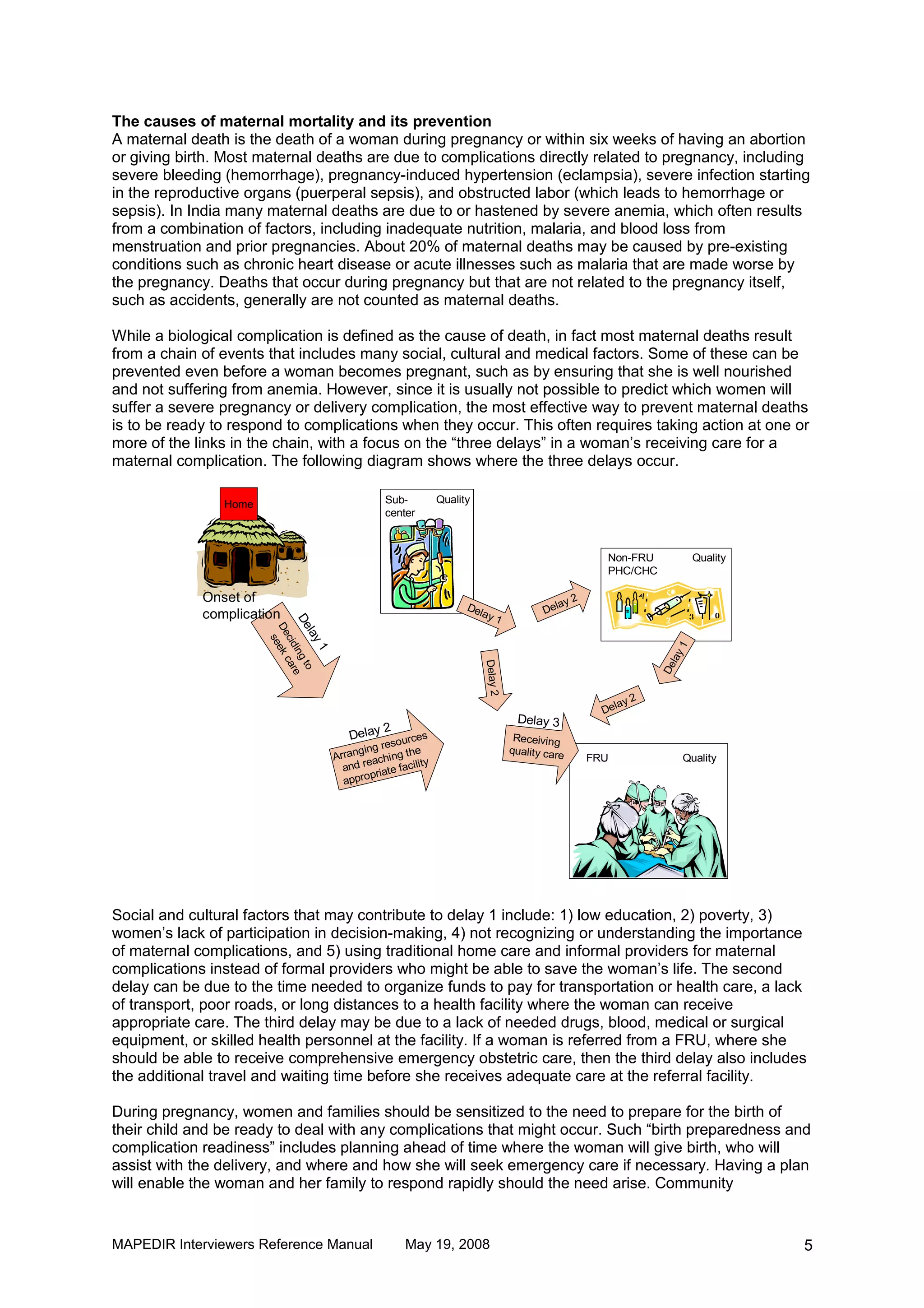 The causes of maternal mortality and its prevention
A maternal death is the death of a woman during pregnancy or within six weeks of having an abortion
or giving birth. Most maternal deaths are due to complications directly related to pregnancy, including
severe bleeding (hemorrhage), pregnancy-induced hypertension (eclampsia), severe infection starting
in the reproductive organs (puerperal sepsis), and obstructed labor (which leads to hemorrhage or
sepsis). In India many maternal deaths are due to or hastened by severe anemia, which often results
from a combination of factors, including inadequate nutrition, malaria, and blood loss from
menstruation and prior pregnancies. About 20% of maternal deaths may be caused by pre-existing
conditions such as chronic heart disease or acute illnesses such as malaria that are made worse by
the pregnancy. Deaths that occur during pregnancy but that are not related to the pregnancy itself,
such as accidents, generally are not counted as maternal deaths.

While a biological complication is defined as the cause of death, in fact most maternal deaths result
from a chain of events that includes many social, cultural and medical factors. Some of these can be
prevented even before a woman becomes pregnant, such as by ensuring that she is well nourished
and not suffering from anemia. However, since it is usually not possible to predict which women will
suffer a severe pregnancy or delivery complication, the most effective way to prevent maternal deaths
is to be ready to respond to complications when they occur. This often requires taking action at one or
more of the links in the chain, with a focus on the “three delays” in a woman’s receiving care for a
maternal complication. The following diagram shows where the three delays occur.

                Home                           Sub-        Quality
                                               center



                                                                                                    Non-FRU               Quality
                                                                                                    PHC/CHC

             Onset of                                                                    ay
                                                                                              2
             complication
                                                                 Del
                                                                     ay               Del
                                                                          1
                       De ing t e
                        De eek

                         la
                           s
                           cid car

                               y1




                                                                                                                      1
                                                                                                                  lay
                                                                     Delay 2




                                                                                                                De
                                 o




                                                                                                            2
                                                                                                      lay
                                                                                                    De
                                                                                Delay 3
                                              2
                                        Delay ources                            Receiving
                                             res
                                          ging       e                         quality care
                                     Arran aching th y                                            FRU                Quality
                                       and re te facilit
                                             pria
                                       appro




Social and cultural factors that may contribute to delay 1 include: 1) low education, 2) poverty, 3)
women’s lack of participation in decision-making, 4) not recognizing or understanding the importance
of maternal complications, and 5) using traditional home care and informal providers for maternal
complications instead of formal providers who might be able to save the woman’s life. The second
delay can be due to the time needed to organize funds to pay for transportation or health care, a lack
of transport, poor roads, or long distances to a health facility where the woman can receive
appropriate care. The third delay may be due to a lack of needed drugs, blood, medical or surgical
equipment, or skilled health personnel at the facility. If a woman is referred from a FRU, where she
should be able to receive comprehensive emergency obstetric care, then the third delay also includes
the additional travel and waiting time before she receives adequate care at the referral facility.

During pregnancy, women and families should be sensitized to the need to prepare for the birth of
their child and be ready to deal with any complications that might occur. Such “birth preparedness and
complication readiness” includes planning ahead of time where the woman will give birth, who will
assist with the delivery, and where and how she will seek emergency care if necessary. Having a plan
will enable the woman and her family to respond rapidly should the need arise. Community


MAPEDIR Interviewers Reference Manual              May 19, 2008                                                                     5
 
