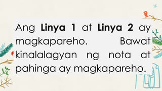 Ang Linya 1 at Linya 2 ay
magkapareho. Bawat
kinalalagyan ng nota at
pahinga ay magkapareho.
 