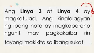 Ang Linya 3 at Linya 4 ay
magkatulad. Ang kinalalagyan
ng ibang nota ay magkapareho
ngunit may pagkakaiba rin
tayong makikita sa ibang sukat.
 