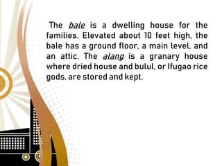 The bale is a dwelling house for the
families. Elevated about 10 feet high, the
bale has a ground floor, a main level, and
an attic. The alang is a granary house
where dried house and bulul, or Ifugao rice
gods, are stored and kept.
 