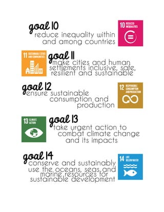 goal 10
reduce inequality within
and among countriesand among countries
goal 11
make cities and human
settlements inclusive, safe,
resilient and sustainable
settlements inclusive, safe,
resilient and sustainable
resilient and sustainable
goal 12
ensure sustainable
consumption and
production patterns
consumption and
production
patterns
production
patterns
take urgent action to
combat climate change
and its impacts
goal 13
combat climate change
and its impactsand its impacts
goal 14
use the oceans, seas and
marine resources for
sustainable development
conserve and sustainably
use the oceans, seas and
marine resources for
sustainable development
marine resources for
sustainable development
sustainable development
 