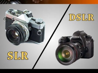 What are the two main types of
digital photography in use today?
 1. Portrait Photography- these are photographs of posed and
candid people.2. Landscape/Travel Photography- these are
photos of places.3. Still Life Photography- photos of
stationary objects.4. Wildlife/Animal Photography5. Fashion
Photography- these can be any variation of clothes, models and
clothes, models, and maybe posed or taken while subjects are
in action.
 Now, if you are asking about the two types of digital cameras,
they are:1. Non-SLR cameras- they are point and shoot cameras
that require little to no configuration and the lens are
attached to the body.
 2. DSLR cameras- use of these may require more photography
knowledeg as you may tinker with the settings to change
different elements of lighting, focus, etc... The lenses may
be replaced with other types.
 