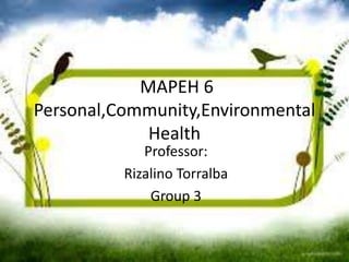 MAPEH 6 
Personal,Community,Environmental 
Health 
Professor: 
Rizalino Torralba 
Group 3 
 