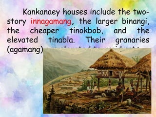Kankanaey houses include the two-
story innagamang, the larger binangi,
the cheaper tinokbob, and the
elevated tinabla. Their granaries
(agamang) are elevated to avoid rats.
 