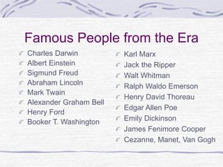 Famous People from the Era
Charles Darwin
Albert Einstein
Sigmund Freud
Abraham Lincoln
Mark Twain
Alexander Graham Bell
Henry Ford
Booker T. Washington
Karl Marx
Jack the Ripper
Walt Whitman
Ralph Waldo Emerson
Henry David Thoreau
Edgar Allen Poe
Emily Dickinson
James Fenimore Cooper
Cezanne, Manet, Van Gogh
 