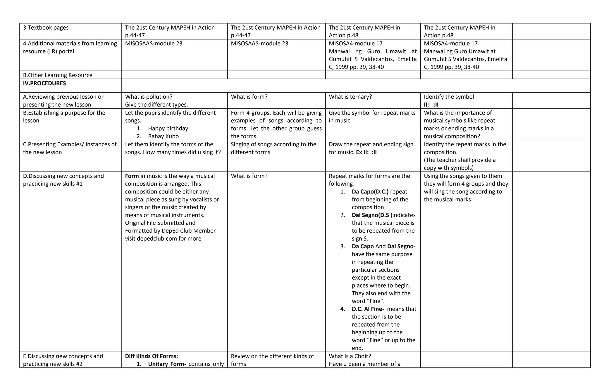 Mapeh Daily Lesson Log School Year Docx