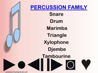 PERCUSSION FAMILY
Snare
Drum
Marimba
Triangle
Xylophone
Djembe
Tambourine

 
