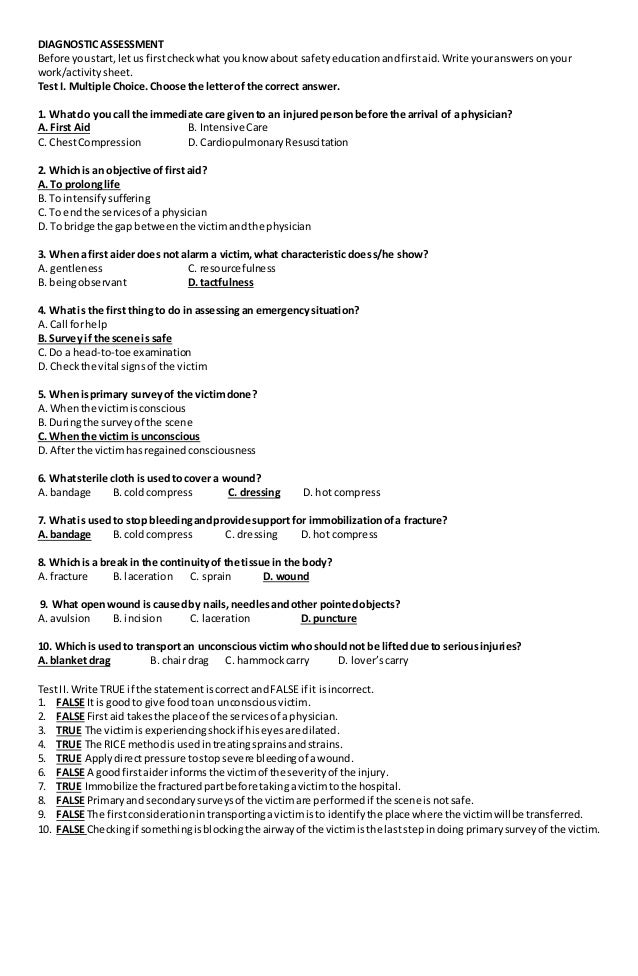 First aid knowledge assessment questionnaire