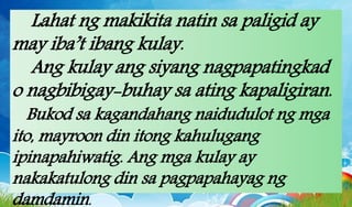 Lahat ng makikita natin sa paligid ay
may iba’t ibang kulay.
Ang kulay ang siyang nagpapatingkad
o nagbibigay-buhay sa ating kapaligiran.
Bukod sa kagandahang naidudulot ng mga
ito, mayroon din itong kahulugang
ipinapahiwatig. Ang mga kulay ay
nakakatulong din sa pagpapahayag ng
damdamin.
 