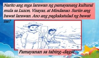 Narito ang mga larawan ng pamayanang kultural
mula sa Luzon, Visayas, at Mindanao. Suriin ang
bawat larawan. Ano ang pagkakatulad ng bawat
isa?
Pamayanan sa tabing-dagat
 
