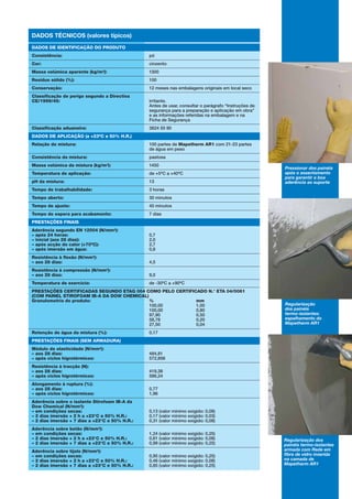 Pressionar dos painéis
após o assentamento
para garantir a boa
aderência ao suporte
Regularização
dos painéis
termo-isolantes:
espalhamento do
Mapetherm AR1
Regularização dos
painéis termo-isolantes
armada com Rede em
fibra de vidro inserida
na camada de
Mapetherm AR1
DADOS TÉCNICOS (valores típicos)
DADOS DE IDENTIFICAÇÃO DO PRODUTO
Consistência: pó
Cor: cinzento
Massa volúmica aparente (kg/m3): 1300
Resíduo sólido (%): 100
Conservação: 12 meses nas embalagens originais em local seco
Classificação de perigo segundo a Directiva
CE/1999/45: irritante.
Antes de usar, consultar o parágrafo “Instruções de
segurança para a preparação e aplicação em obra”
e as informações referidas na embalagem e na
Ficha de Segurança
Classificação aduaneira: 3824 50 90
DADOS DE APLICAÇÃO (a +23ºC e 50% H.R.)
Relação de mistura: 100 partes de Mapetherm AR1 com 21-23 partes
de água em peso
Consistência da mistura: pastosa
Massa volúmica da mistura (kg/m3): 1450
Temperatura de aplicação: de +5ºC a +40ºC
pH da mistura: 13
Tempo de trabalhabilidade: 3 horas
Tempo aberto: 30 minutos
Tempo de ajuste: 40 minutos
Tempo de espera para acabamento: 7 dias
PRESTAÇÕES FINAIS
Aderência segundo EN 12004 (N/mm2):
– após 24 horas: 0,7
– inicial (aos 28 dias): 2,0
– após acção do calor (+70ºC): 2,7
– após imersão em água: 0,8
Resistência à flexão (N/mm2):
– aos 28 dias: 4,5
Resistência à compressão (N/mm2):
– aos 28 dias: 9,0
Temperatura de exercício: de -30ºC a +90ºC
PRESTAÇÕES CERTIFICADAS SEGUNDO ETAG 004 COMO PELO CERTIFICADO N.° ETA 04/0061
(COM PAINEL STIROFOAM IB-A DA DOW CHEMICAL)
Granulometria do produto: % mm
100,00 1,00
100,00 0,80
97,90 0,50
58,78 0,20
27,50 0,04
Retenção de água da mistura (%): 0,17
PRESTAÇÕES FINAIS (SEM ARMADURA)
Módulo de elasticidade (N/mm2):
– aos 28 dias: 484,81
– após ciclos higrotérmicos: 572,856
Resistência à tracção (N):
– aos 28 dias: 419,38
– após ciclos higrotérmicos: 586,24
Alongamento à ruptura (%):
– aos 28 dias: 0,77
– após ciclos higrotérmicos: 1,96
Aderência sobre o isolante Stirofoam IB-A da
Dow Chemical (N/mm2):
– em condições secas: 0,13 (valor mínimo exigido: 0,08)
– 2 dias imersão + 2 h a +23°C e 50% H.R.: 0,17 (valor mínimo exigido: 0,03)
– 2 dias imersão + 7 dias a +23°C e 50% H.R.: 0,31 (valor mínimo exigido: 0,08)
Aderência sobre betão (N/mm2):
– em condições secas: 1,24 (valor mínimo exigido: 0,25)
– 2 dias imersão + 2 h a +23°C e 50% H.R.: 0,61 (valor mínimo exigido: 0,08)
– 2 dias imersão + 7 dias a +23°C e 50% H.R.: 0,99 (valor mínimo exigido: 0,25)
Aderência sobre tijolo (N/mm2):
– em condições secas: 0,95 (valor mínimo exigido: 0,25)
– 2 dias imersão + 2 h a +23°C e 50% H.R.: 0,46 (valor mínimo exigido: 0,08)
– 2 dias imersão + 7 dias a +23°C e 50% H.R.: 0,85 (valor mínimo exigido: 0,25)
 